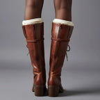 Women's Studded Knee High Boots with Leather Lace-Up Block Heel - Brown Worn Back With Socks