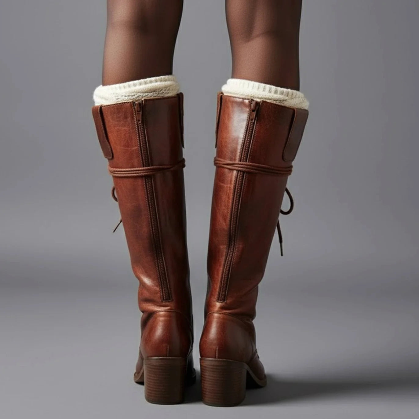 Women's Studded Knee High Boots with Leather Lace-Up Block Heel - Brown Worn Back With Socks