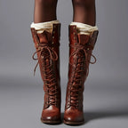 Red Brown Women's Studded Knee High Boots with Leather Lace-Up Block Heel - Worn Front With Socks