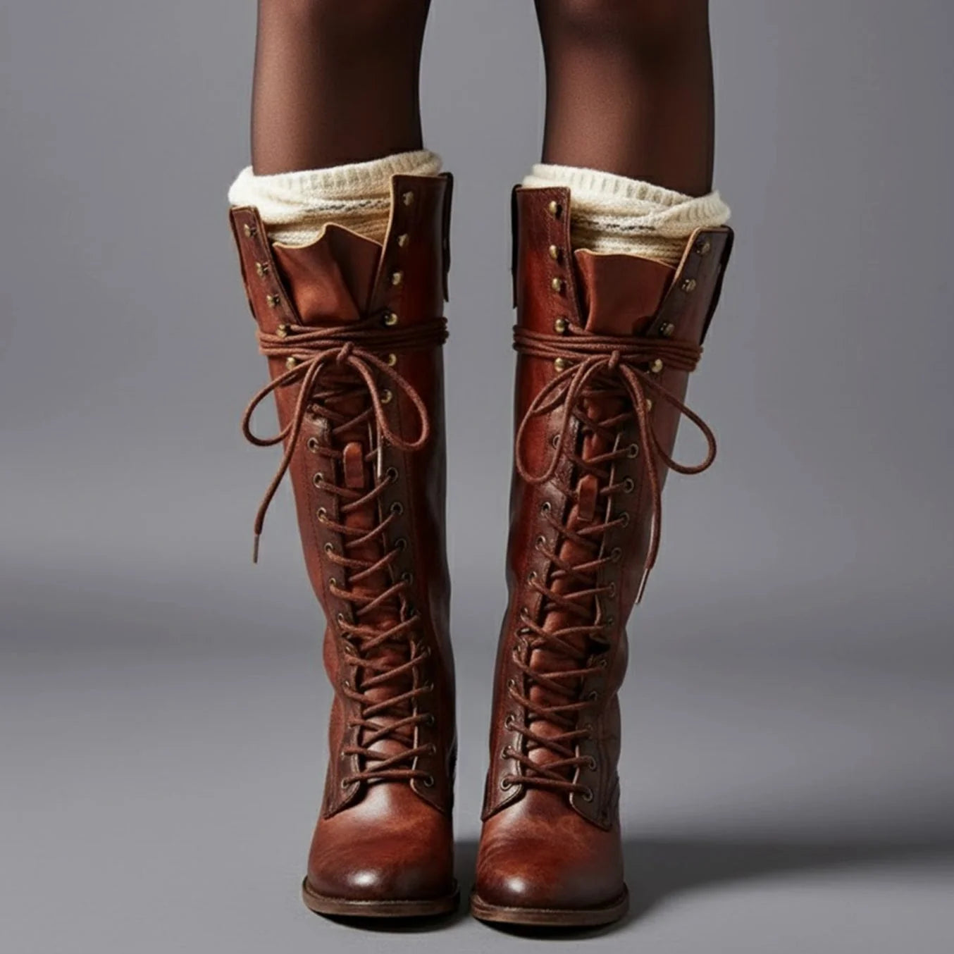 Red Brown Women's Studded Knee High Boots with Leather Lace-Up Block Heel - Worn Front With Socks
