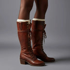 Women's Studded Knee High Boots with Leather Lace-Up Block Heel - Brown Worn Side With Socks