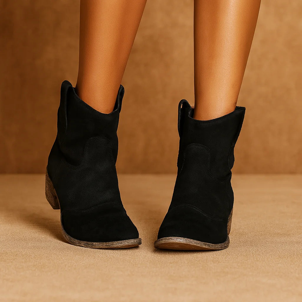Black Women's Suede Block Heel Ankle Boots with Pointed Toe & Pull-Tab Detail — Hazel - Front Angle