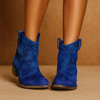 Blue Women's Suede Block Heel Ankle Boots with Pointed Toe & Pull-Tab Detail - Heel Detail