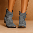 Grey Women's Suede Block Heel Ankle Boots with Pointed Toe & Pull-Tab Detail — Hazel - Side Angle