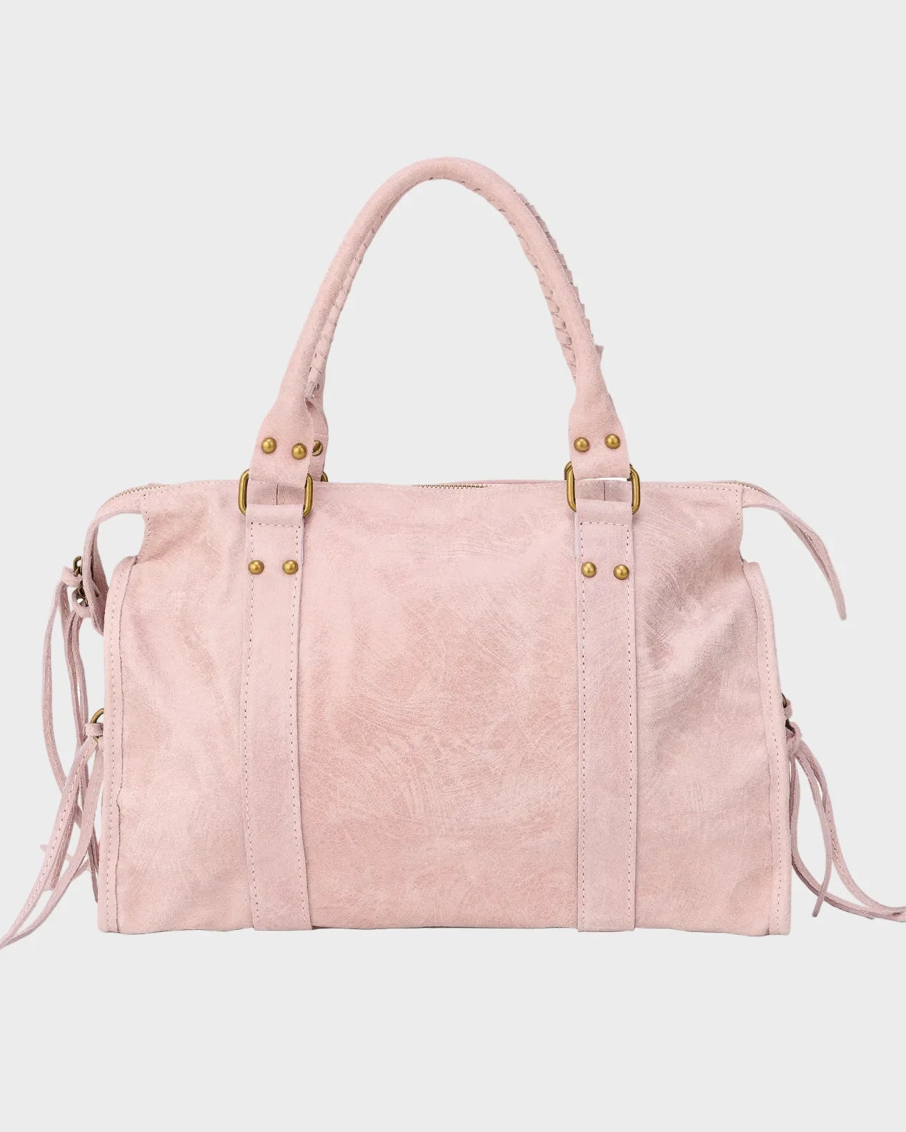 Pink Women's Pink Suede Handbag with Adjustable Strap & Fringe Detail — Maeve - Back Full