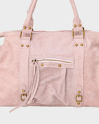 Pink Women's Pink Suede Handbag with Adjustable Strap & Fringe Detail — Maeve - Close Up Pocket Detail