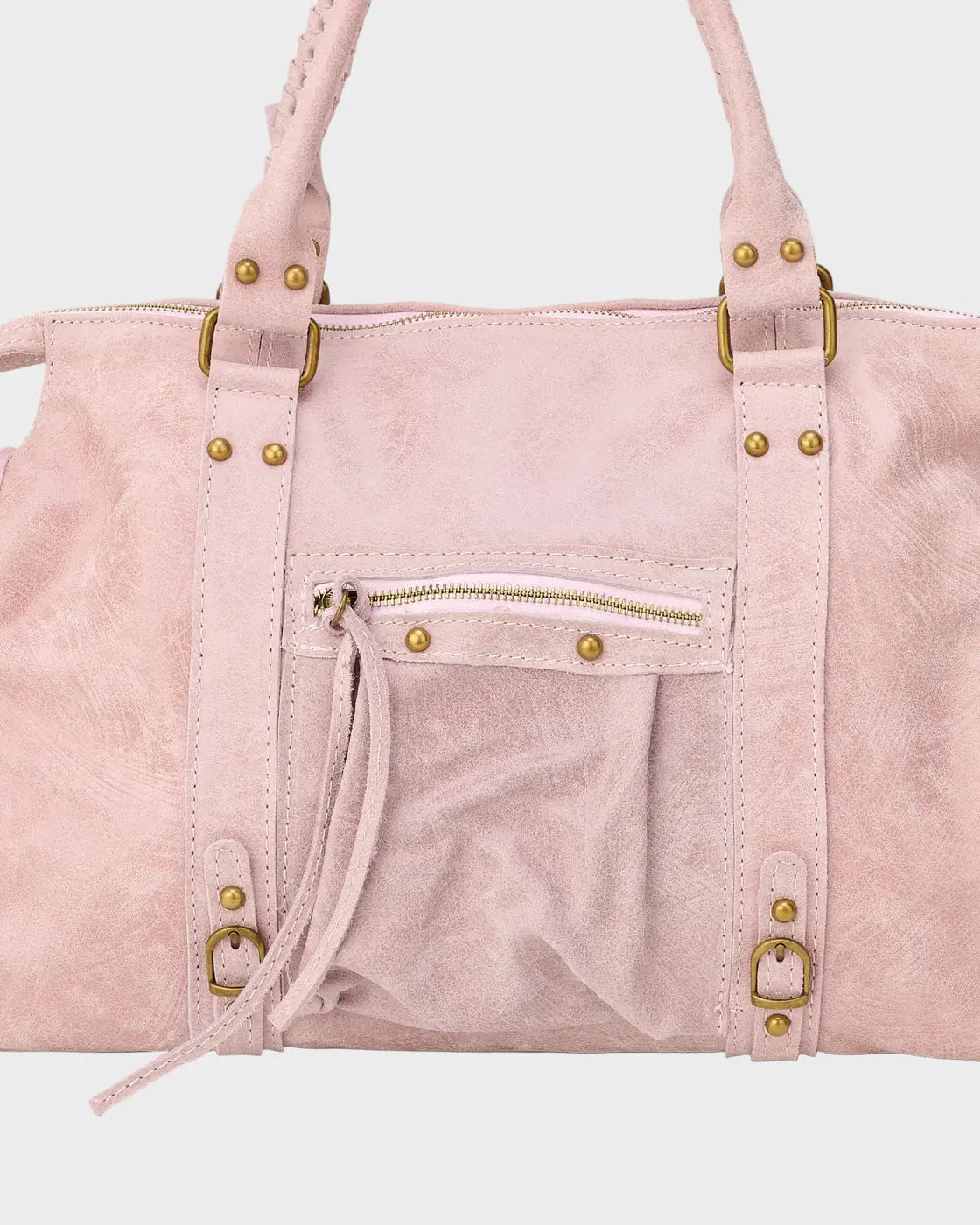 Pink Women's Pink Suede Handbag with Adjustable Strap & Fringe Detail — Maeve - Close Up Pocket Detail