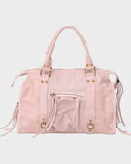 Pink Women's Pink Suede Handbag with Adjustable Strap & Fringe Detail - Front Full