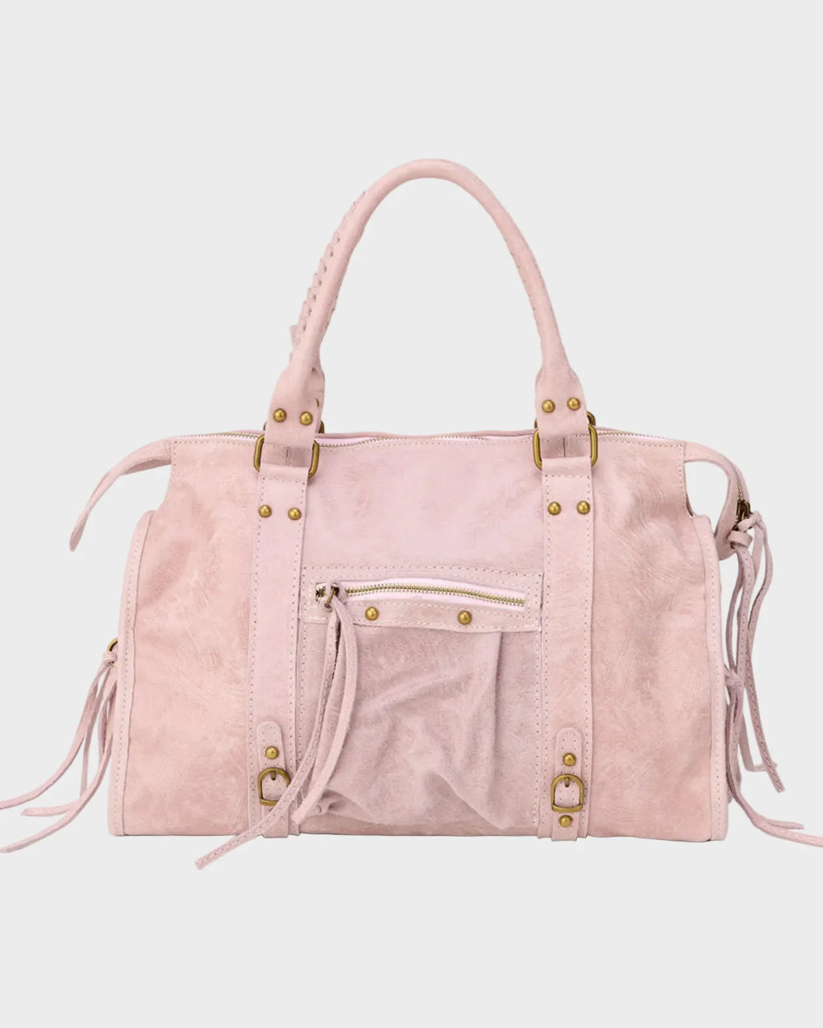 Pink Women's Pink Suede Handbag with Adjustable Strap & Fringe Detail - Front Full