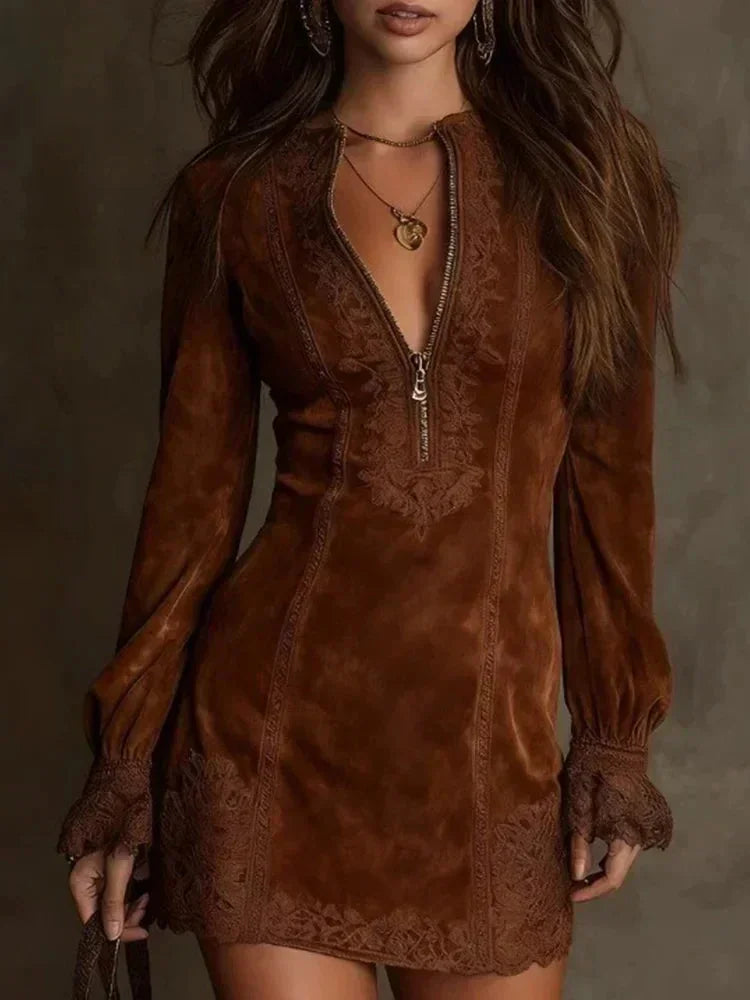 Mocha Brown Women's Suede Lace Dress with Plunging Zip Neckline & Bishop Sleeves