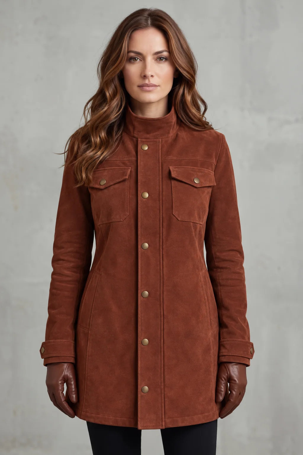 Brown Women's Suede Coat with Longline Utility Design & Flap Pockets - Front Full