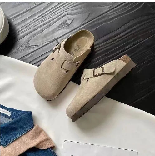 Beige Women's Suede Slip On Mules with Buckle Strap Detail — Audrey - Angled Side View