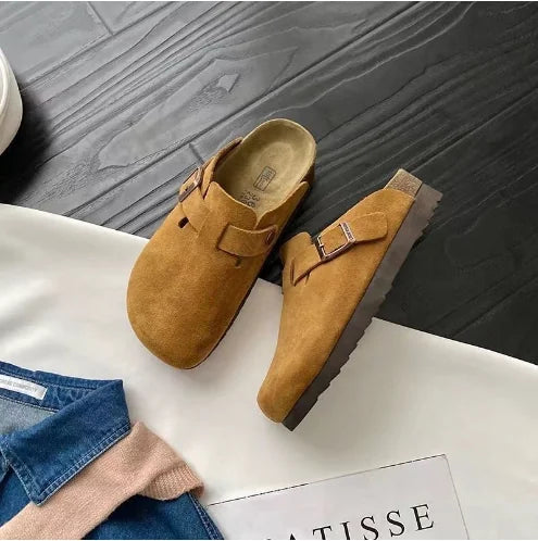 Brown Women's Suede Slip On Mules with Buckle Strap Detail — Audrey - Side View Pair