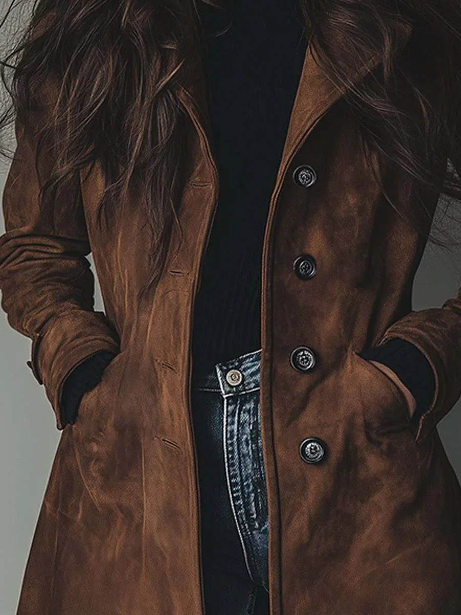 Women's Suede Trench Coat with Button Front & Relaxed Longline Fit - Close Up Buttons