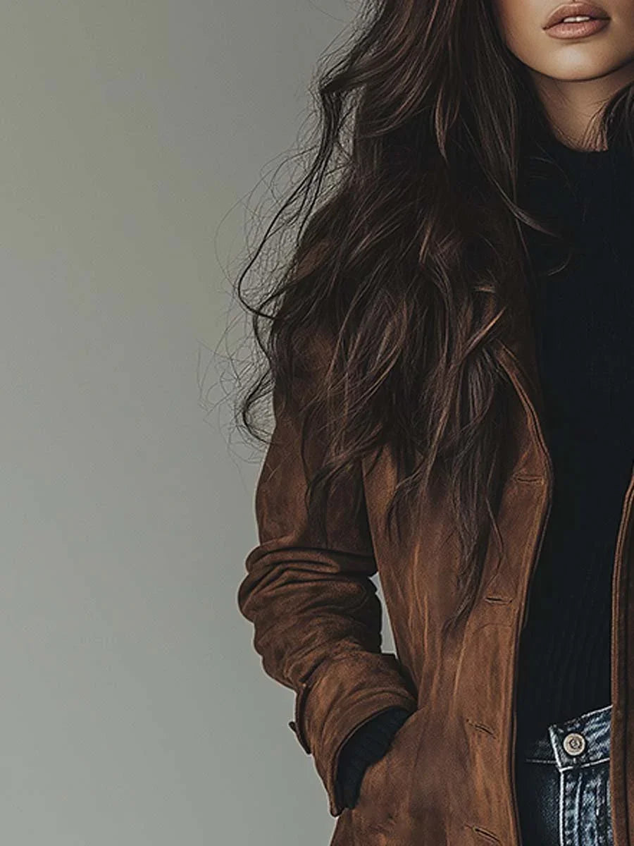 Women's Suede Trench Coat with Button Front & Relaxed Longline Fit - Close Up Torso