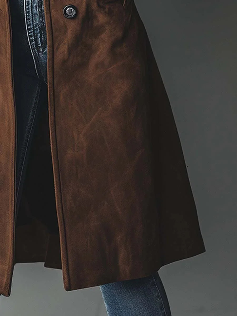 Women's Suede Trench Coat with Button Front & Relaxed Longline Fit - Hem Detail