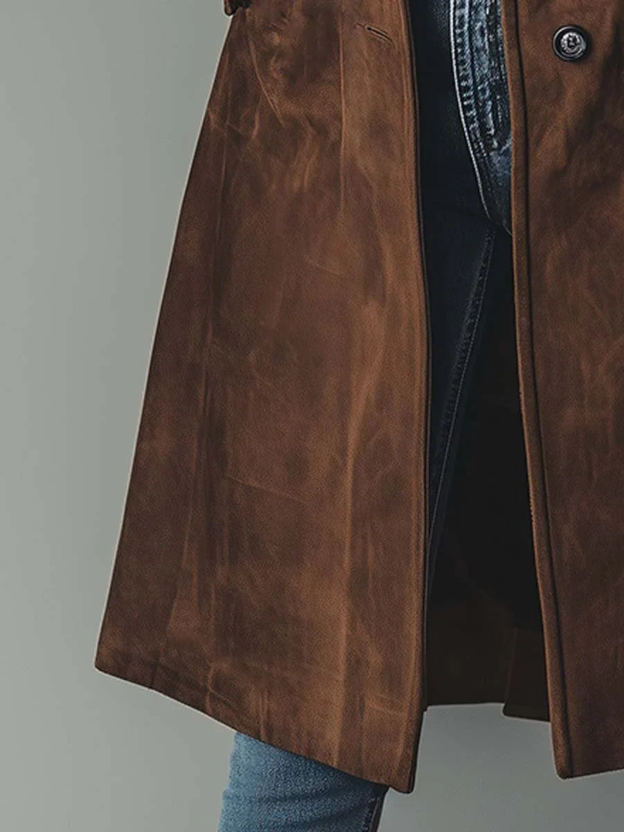 Women's Suede Trench Coat with Button Front & Relaxed Longline Fit - Pocket Detail