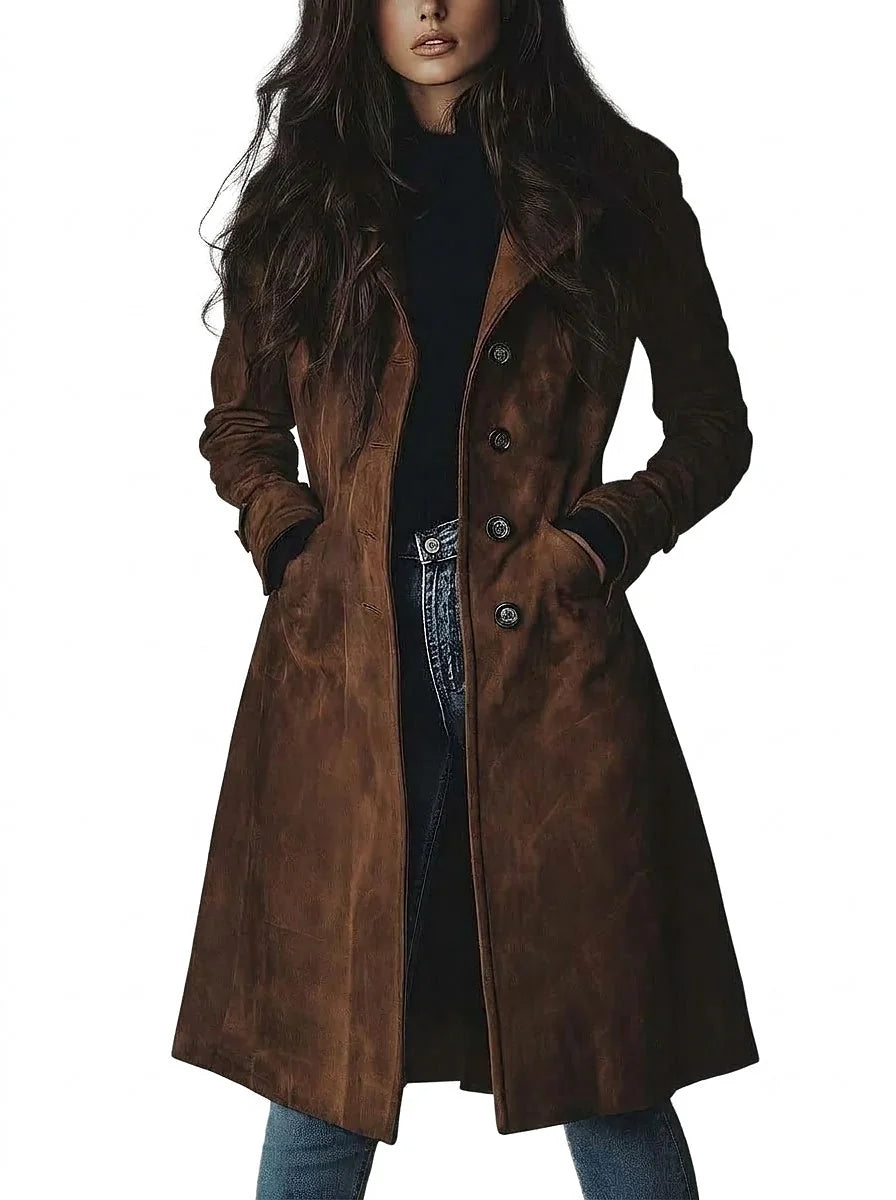 Brown Women's Suede Trench Coat with Button Front & Relaxed Longline Fit