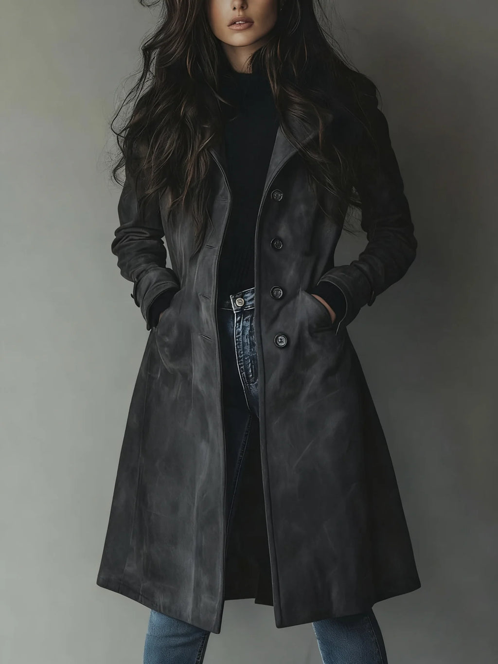 Dark Grey Women's Suede Trench Coat with Button Front & Relaxed Longline Fit