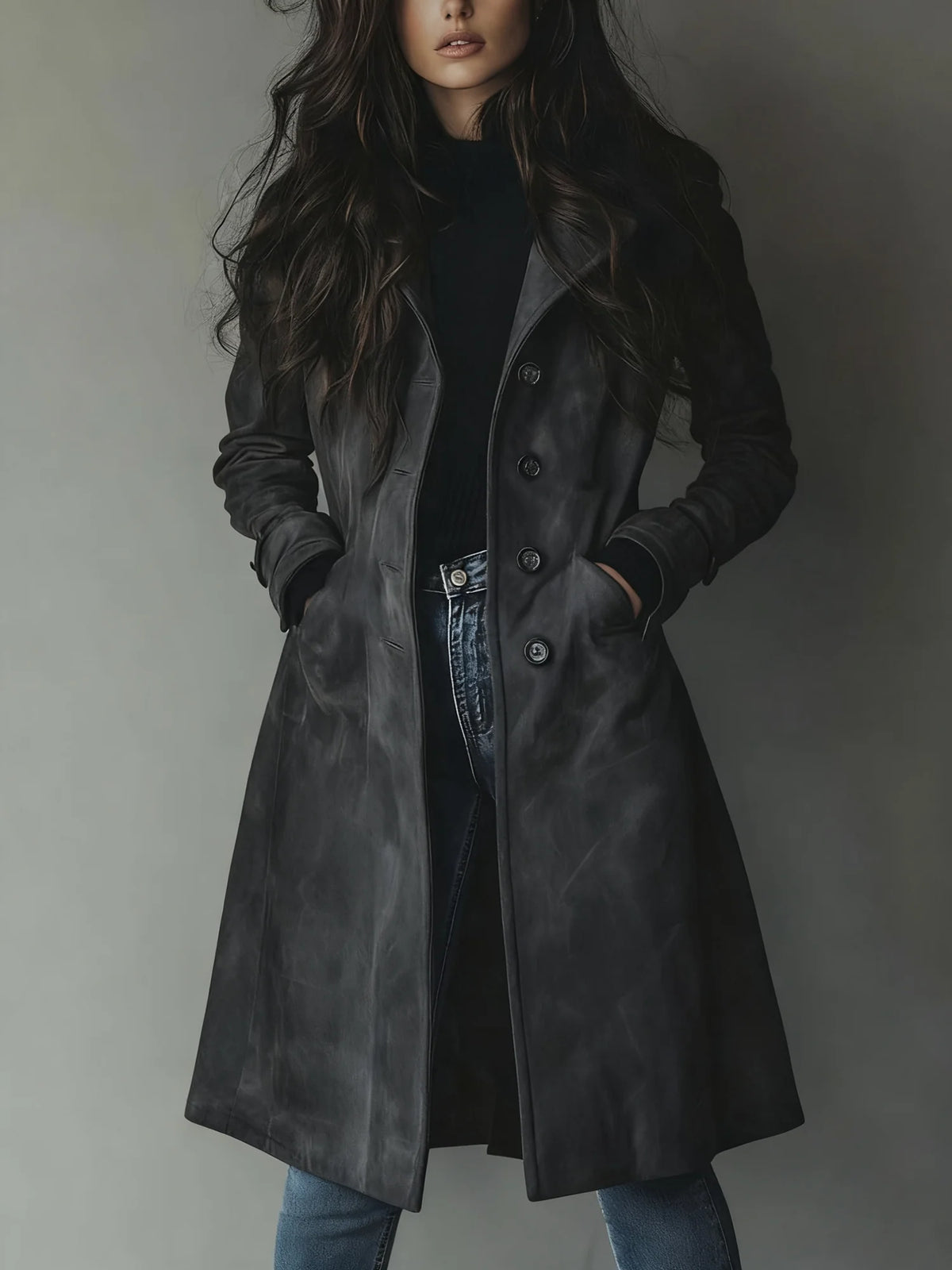Dark Grey Women's Suede Trench Coat with Button Front & Relaxed Longline Fit