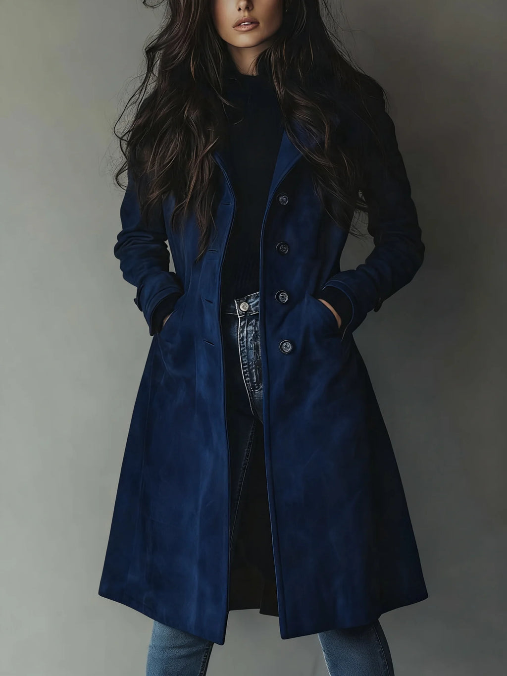 Dark Blue Women's Suede Trench Coat with Button Front & Relaxed Longline Fit - Front Pose