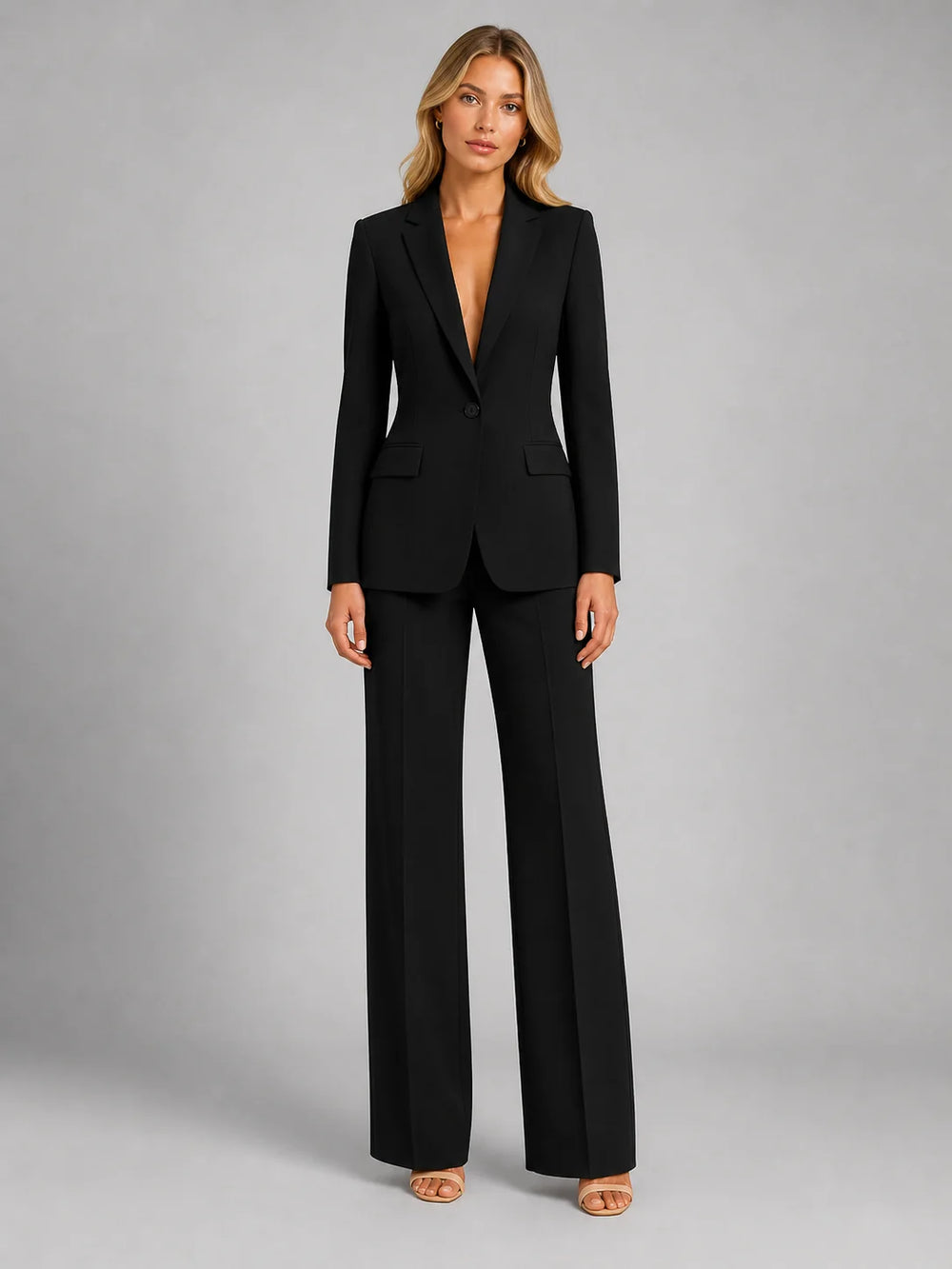 Black Women's Blazer Pants Set with Tailored Fit & Wide-Leg Silhouette — Saskia
