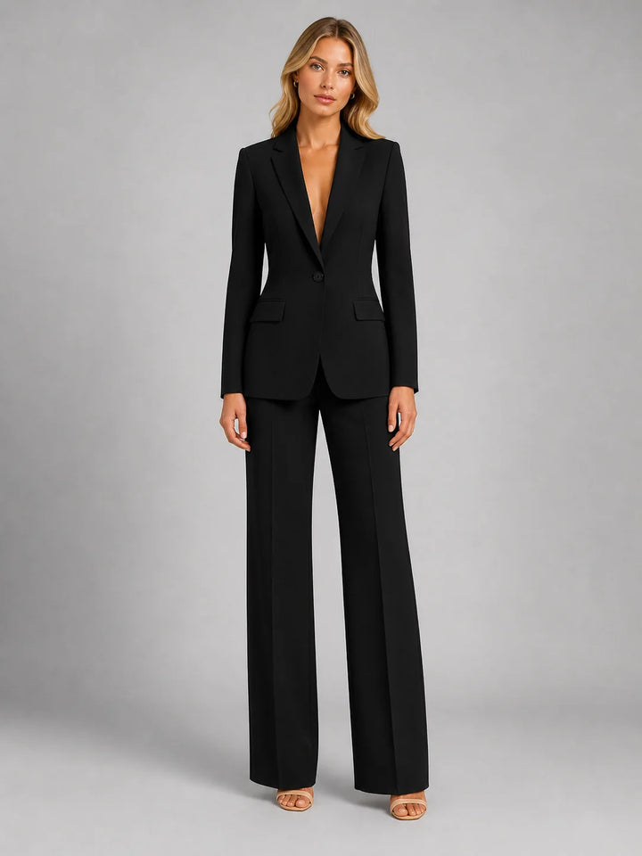 Black Women's Blazer Pants Set with Tailored Fit & Wide-Leg Silhouette — Saskia