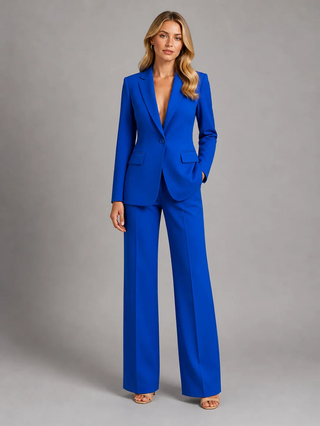 Blue Women's Blazer Pants Set with Tailored Fit & Wide-Leg Silhouette — Saskia