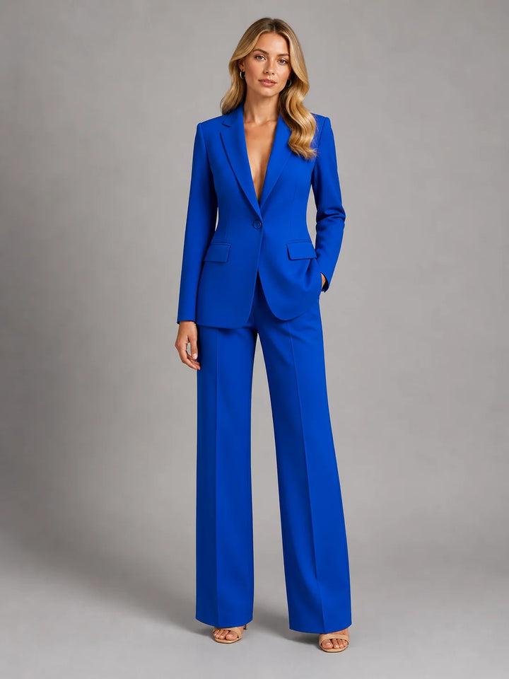Blue Women's Blazer Pants Set with Tailored Fit & Wide-Leg Silhouette — Saskia