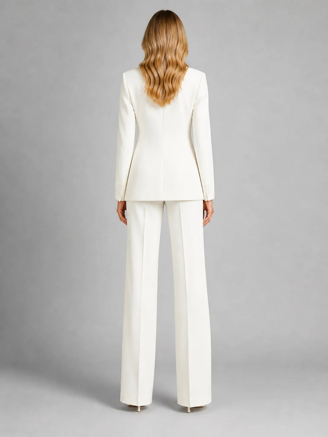 White Women's Blazer Pants Set with Tailored Fit & Wide-Leg Silhouette — Saskia - Back Full