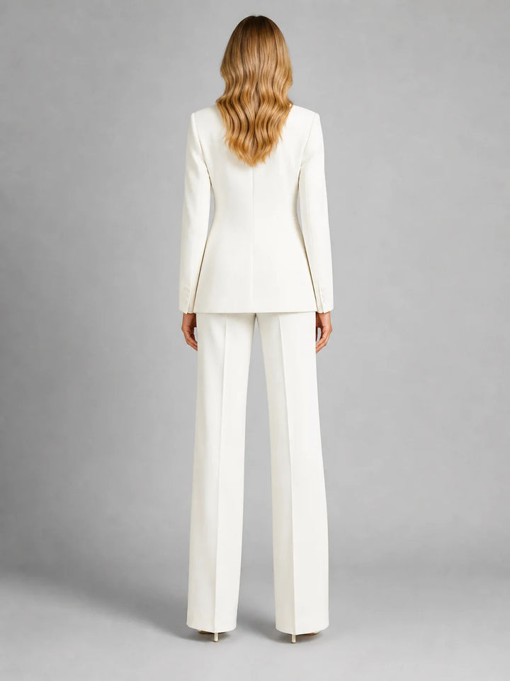 White Women's Blazer Pants Set with Tailored Fit & Wide-Leg Silhouette — Saskia - Back Full