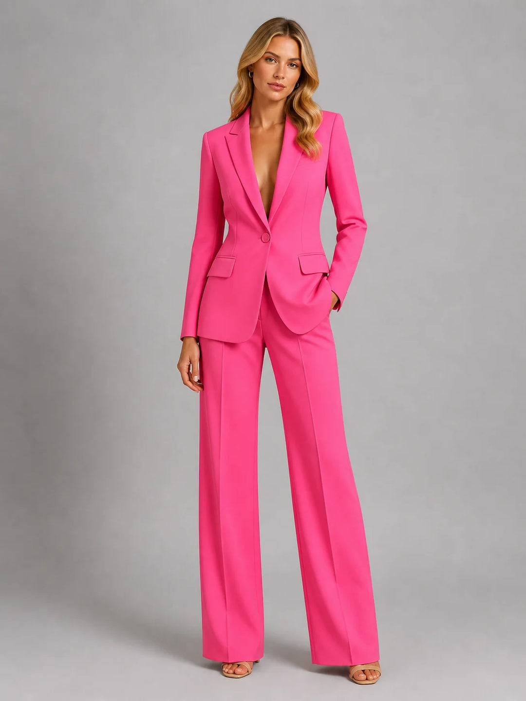 White Women's Blazer Pants Set with Tailored Fit & Wide-Leg Silhouette — Saskia - Front Full Pose
