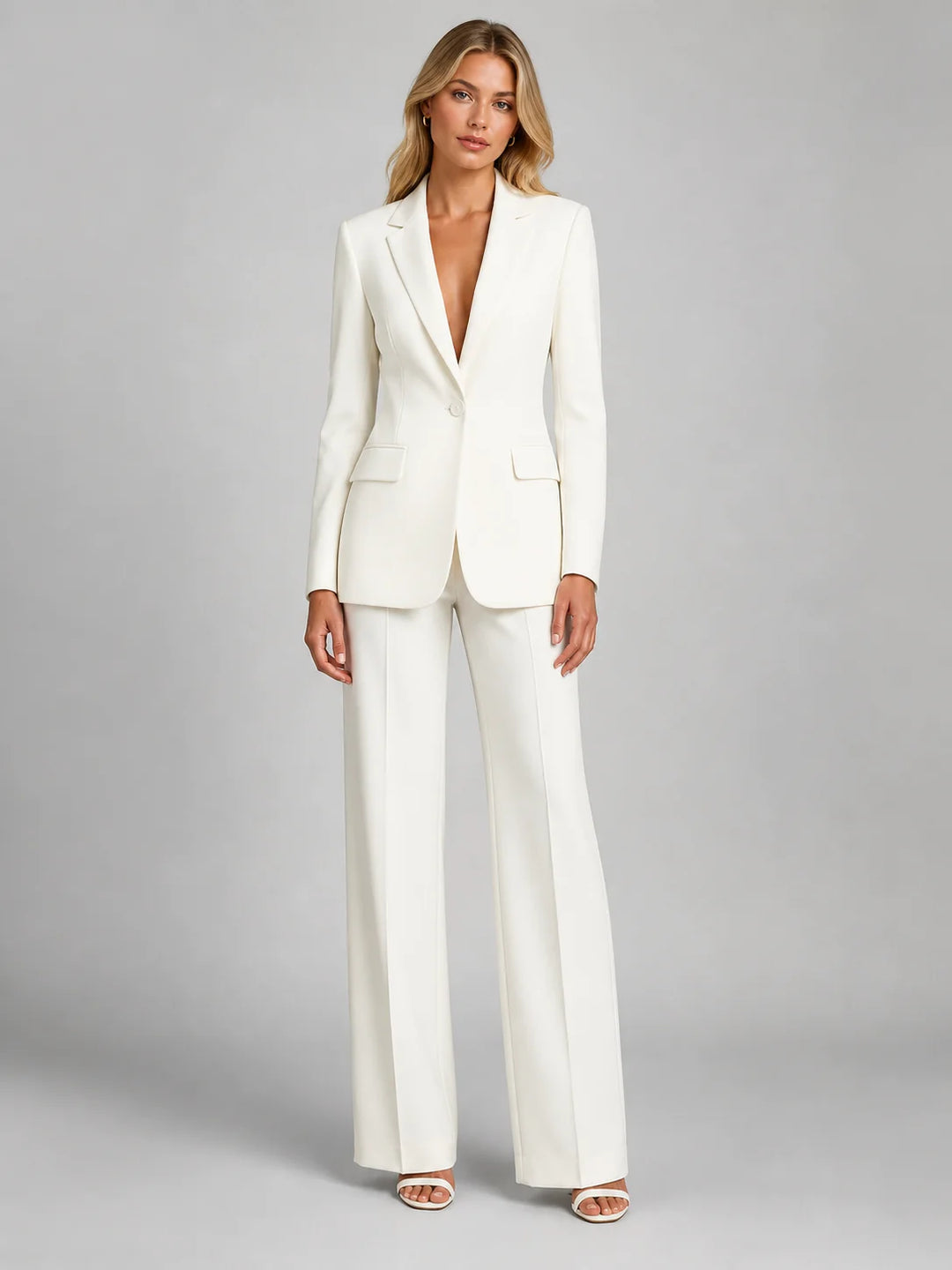 White Women's Blazer Pants Set with Tailored Fit & Wide-Leg Silhouette — Saskia - Front Full