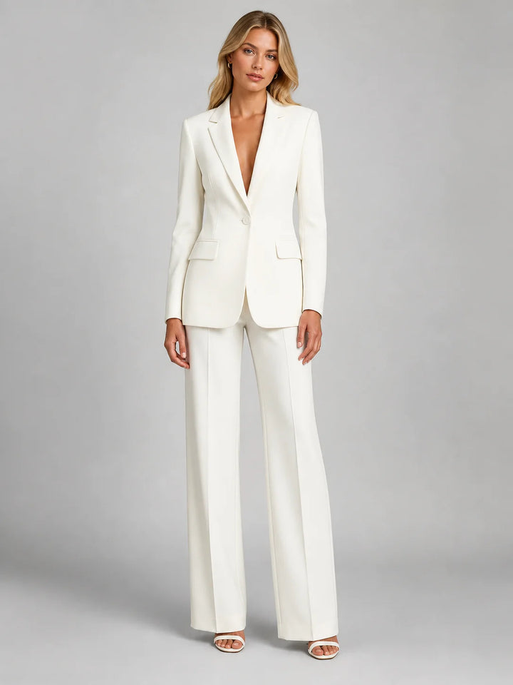 White Women's Blazer Pants Set with Tailored Fit & Wide-Leg Silhouette — Saskia - Front Full