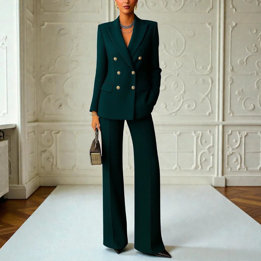 Blue Women's Tailored Suit with Double-Breasted Blazer & Wide-Leg Pants