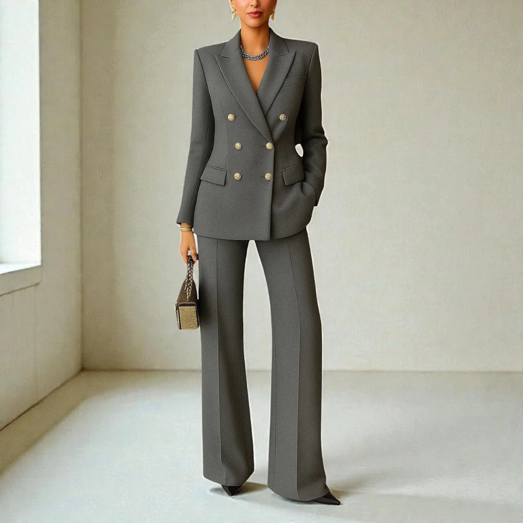 Grey Women's Tailored Suit with Double-Breasted Blazer & Wide-Leg Pants