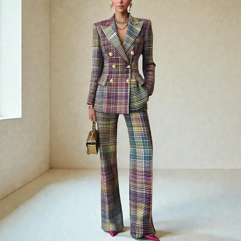 Multicolor Women's Tailored Suit with Double-Breasted Blazer & Wide-Leg Pants - Front Full Pose