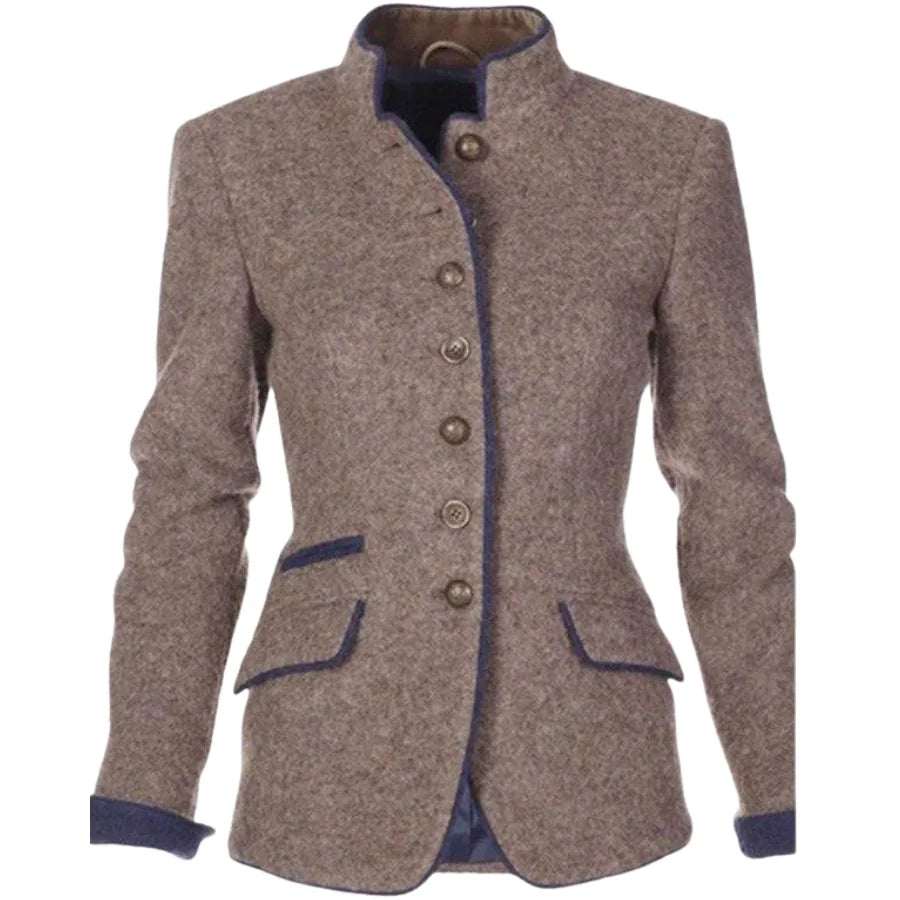 Brown Women's Tailored Brown Blazer with Stand Collar & Contrast Trim - Studio Flat Front