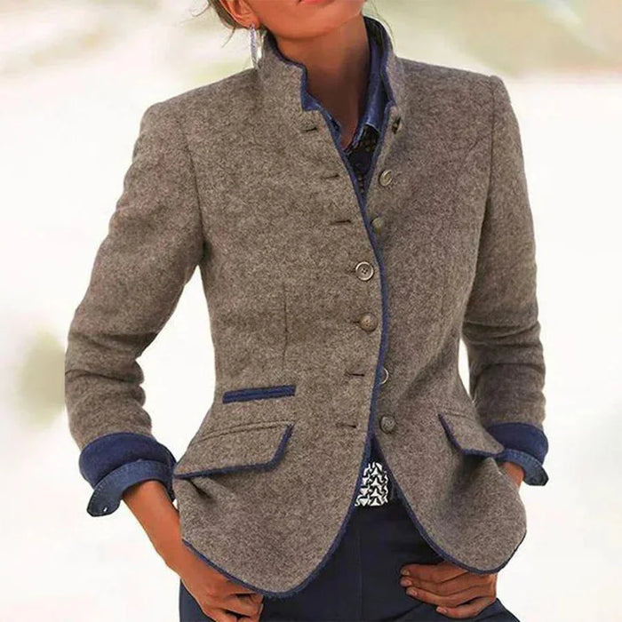 Brown Women's Tailored Brown Blazer with Stand Collar & Contrast Trim - Worn Front Pocket Detail