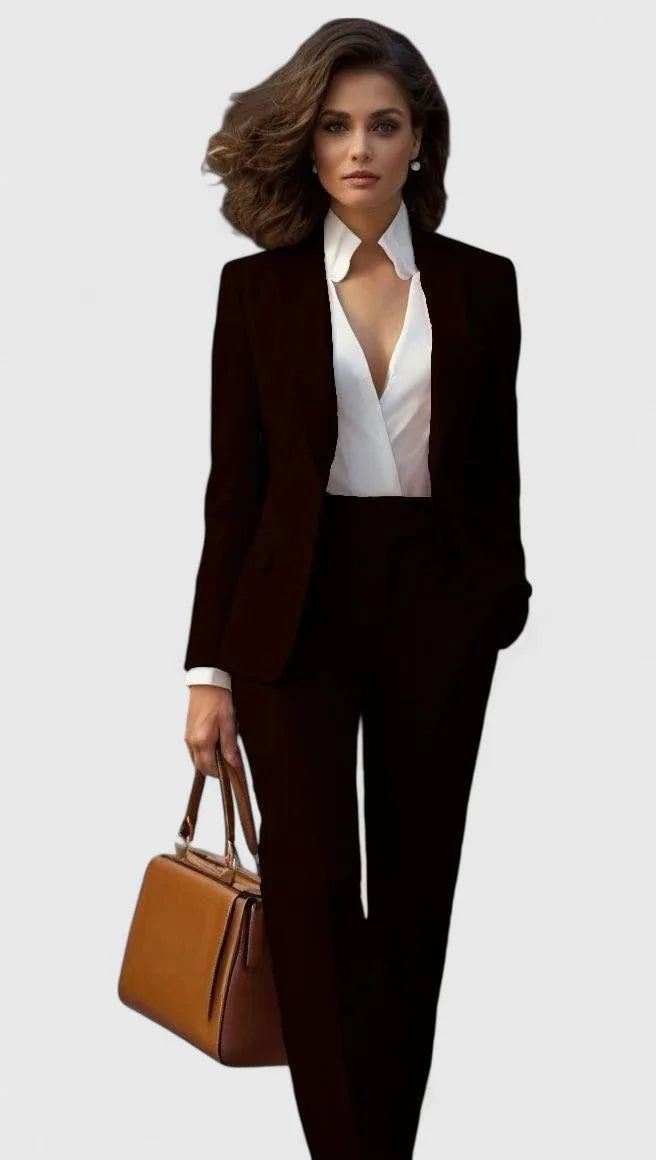 Black Women's Tailored Pantsuit with Long-Sleeve Lapel Blazer & Straight-Leg Pants