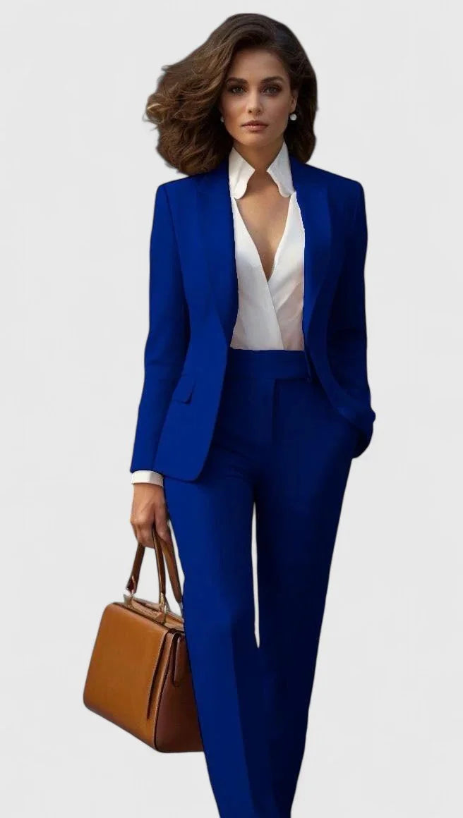 Blue Women's Tailored Pantsuit with Long-Sleeve Lapel Blazer & Straight-Leg Pants