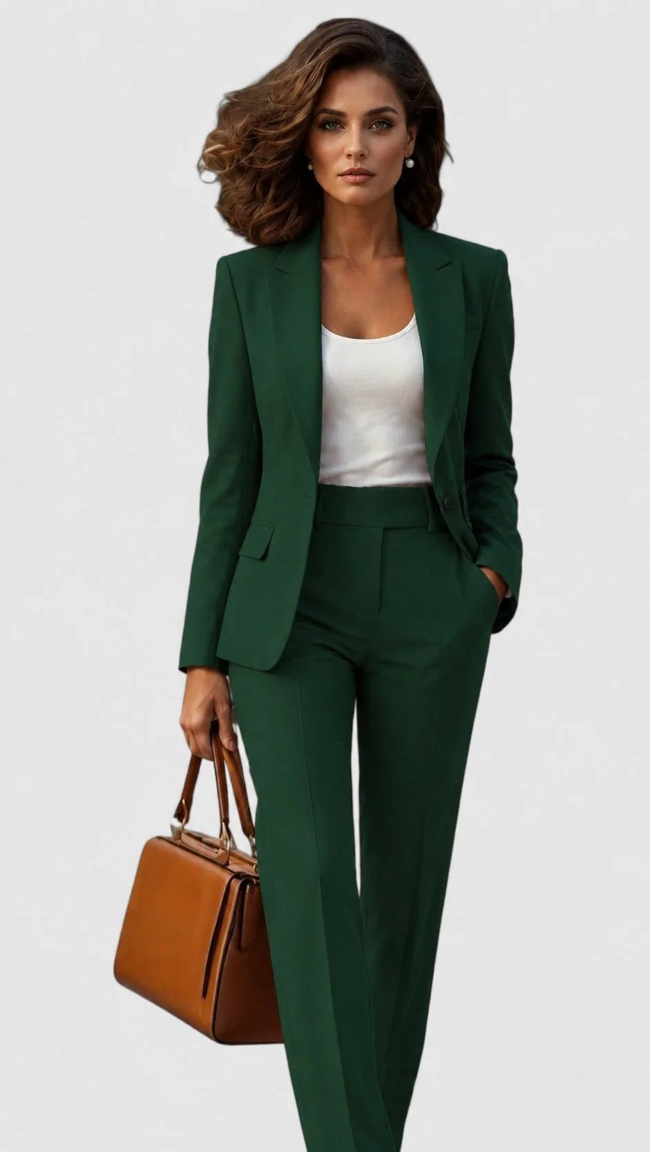 Dark Green Women's Tailored Pantsuit with Long-Sleeve Lapel Blazer & Straight-Leg Pants