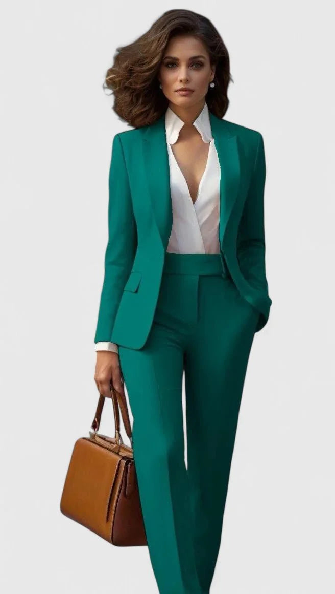 Green Women's Tailored Pantsuit with Long-Sleeve Lapel Blazer & Straight-Leg Pants