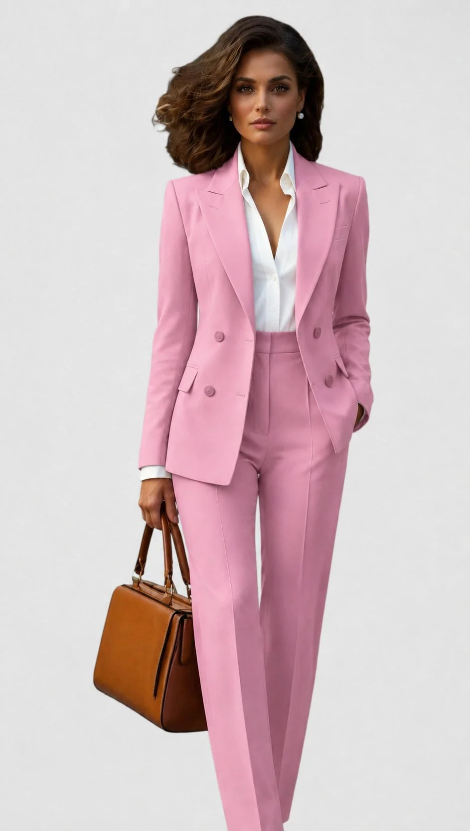 Pink Women's Tailored Pantsuit with Long-Sleeve Lapel Blazer & Straight-Leg Pants
