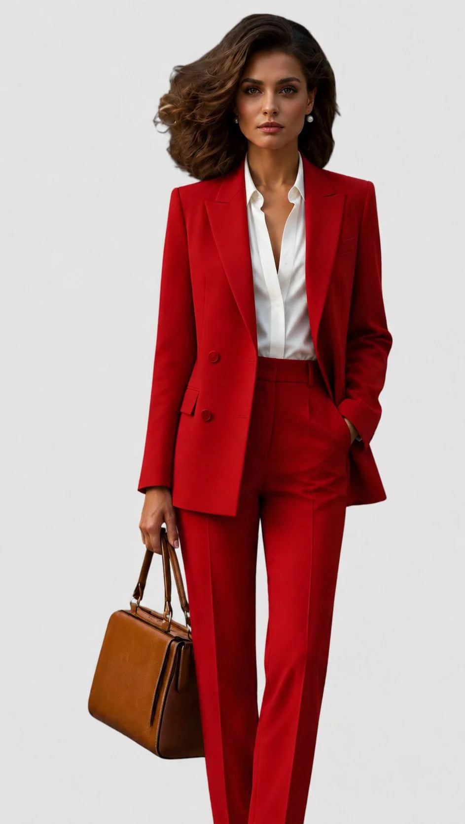 Red Women's Tailored Pantsuit with Long-Sleeve Lapel Blazer & Straight-Leg Pants