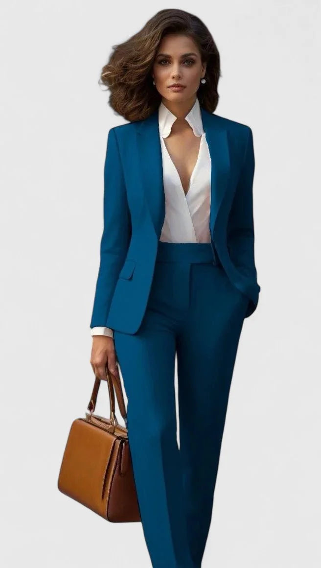 Teal Women's Tailored Pantsuit with Long-Sleeve Lapel Blazer & Straight-Leg Pants - Studio Pose