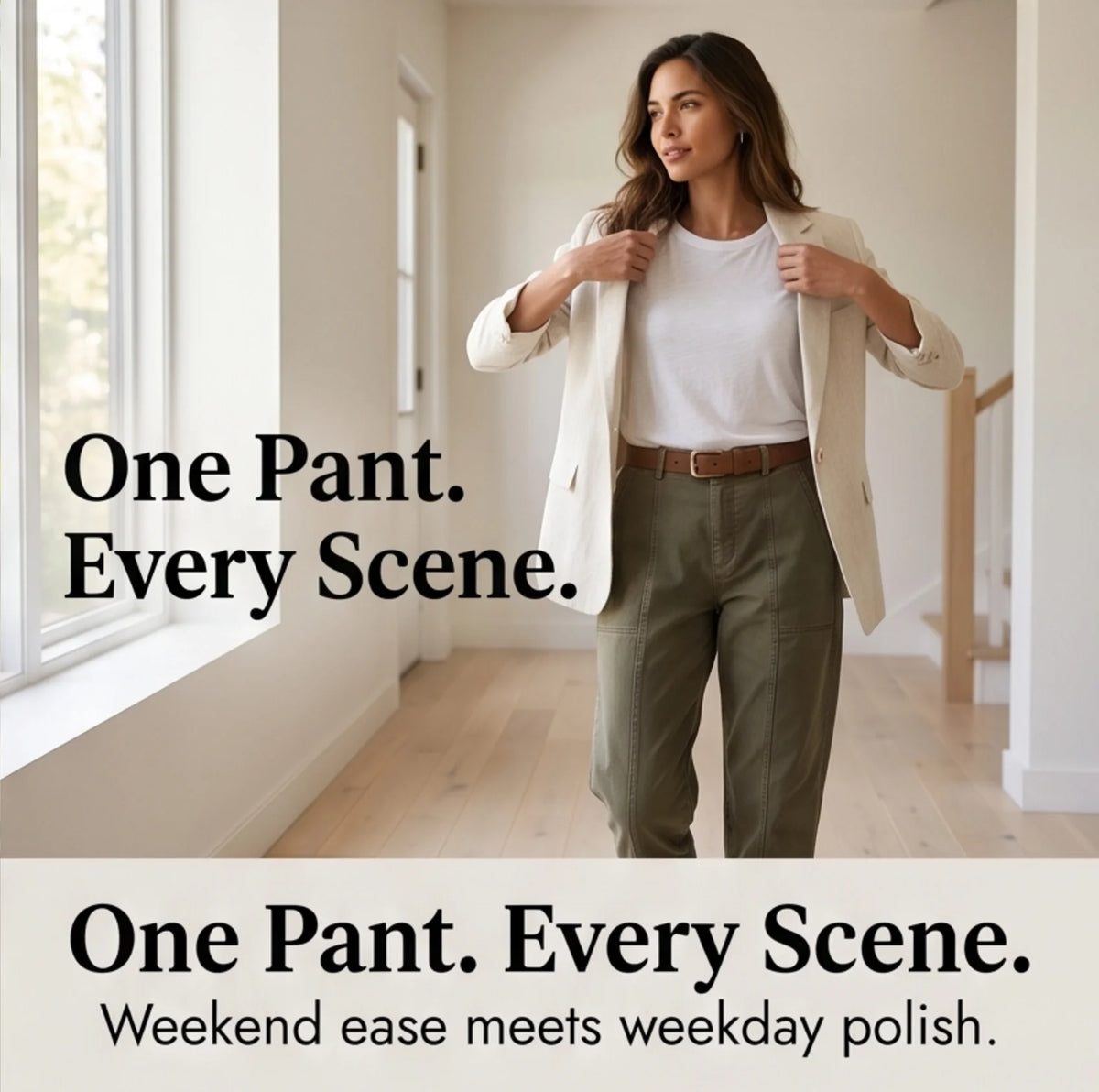 Deep Olive Women's High-Waisted Utility Pants with Tapered Leg & Ruched Ankle Cuff - Blazer Styling Fullbody