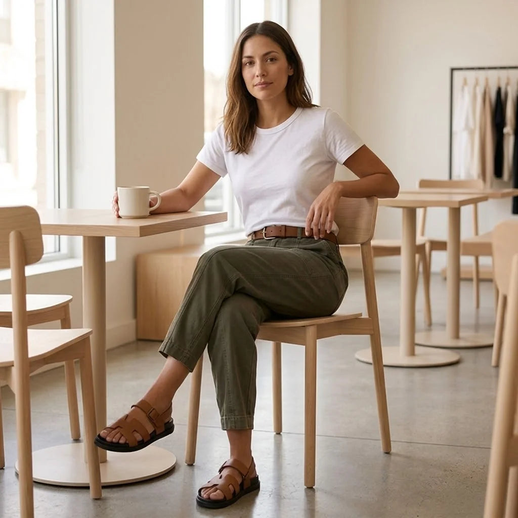 Women's High-Waisted Utility Pants with Tapered Leg & Ruched Ankle Cuff - Olive Seated Cafe Pose