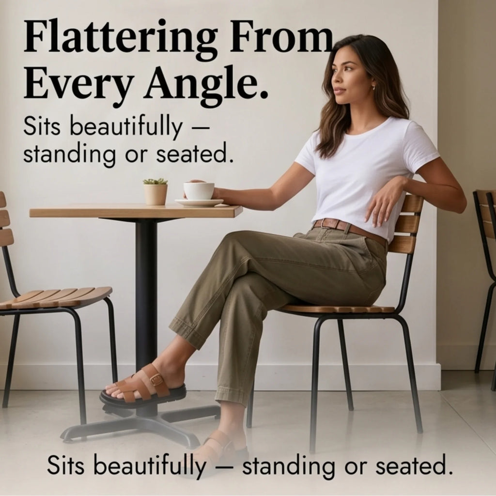 Women's High-Waisted Utility Pants with Tapered Leg & Ruched Ankle Cuff - Olive Seated Side Pose