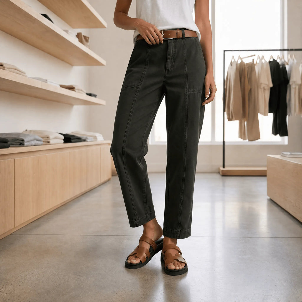 Women's High-Waisted Utility Pants with Tapered Leg & Ruched Ankle Cuff